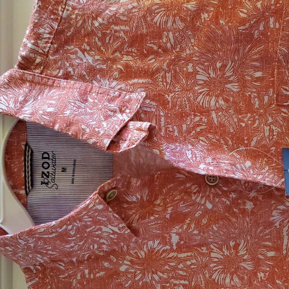 Mens IZOD Saltwater Dockside Printed Chambray Shirt Size Med Tropical Floral NWT - Picture 2 of 3